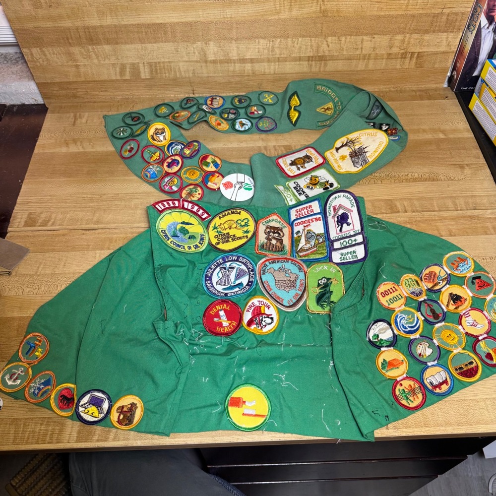 Vintage Girl Scouts Junior Vest Sash Set Citrus Council Patches Pins 80s Size 12